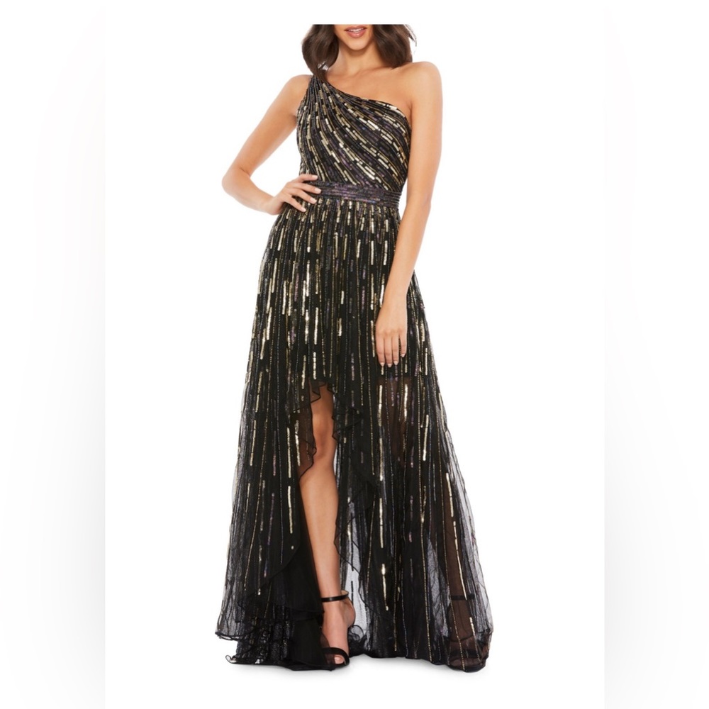 Mac Duggal sequin beaded one shoulder high low gown